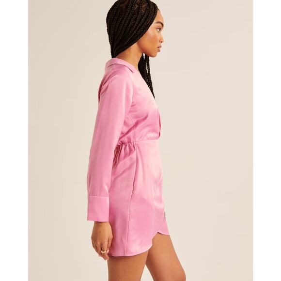ABERCROMBIE & FITCH Long Sleeve Satin Drapey Shirt Dress Pink {J28} - Picture 3 of 4